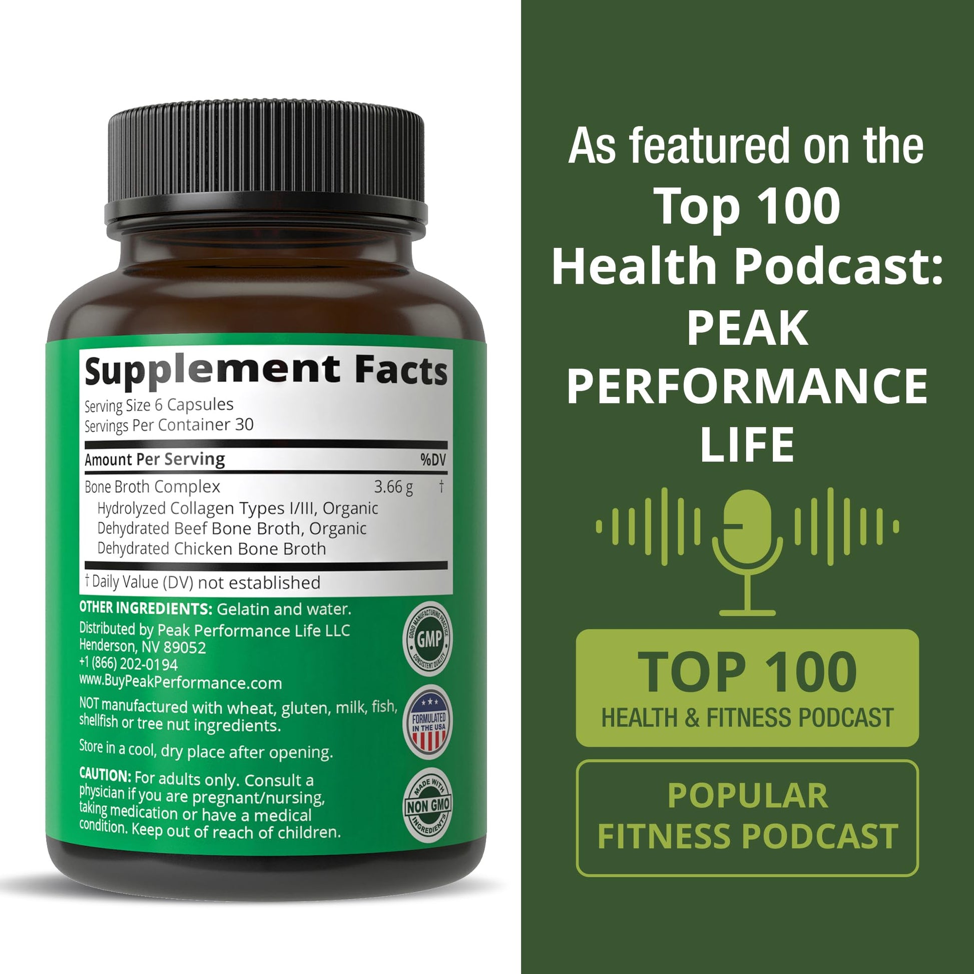 Peak Performance Bone Broth Collagen Capsules - 180 Pills of Grass Fed Bone Broth Collagen Protein Peptides - Contains All 3 Types 1, 2, and 3 - Pure Pasture - Maple Wellness Supplements