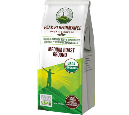 Peak Performance High Altitude Organic Coffee - Fair Trade, Low Acid, Non GMO, and Beans Full of Antioxidants - Medium Roast Smooth Tasting USDA Certified Organic Ground Coffee Bag 12 oz - Maple Wellness Supplements