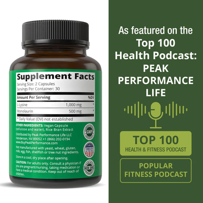 Peak Performance L Lysine 1000mg + Monolaurin 500mg High Potency Supplement for Lips, Skin, & Immune Support - L-Lysine 2-in-1 Bioavailable Supplements - Maple Wellness Supplements