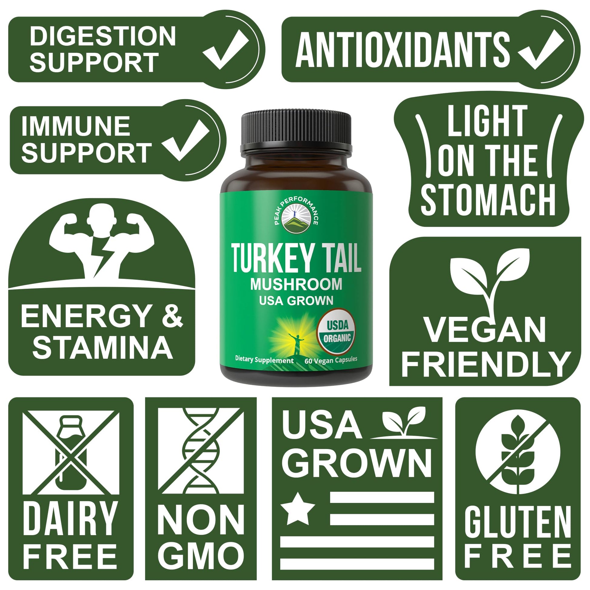 Peak Performance Organic Turkey Tail Capsules - USA Grown Made with Real Turkey Tail Mushroom. Immune System Support Naturally Harvested Mushroom Supplements for Immunity. Vegan Supplement Extract - Maple Wellness Supplements