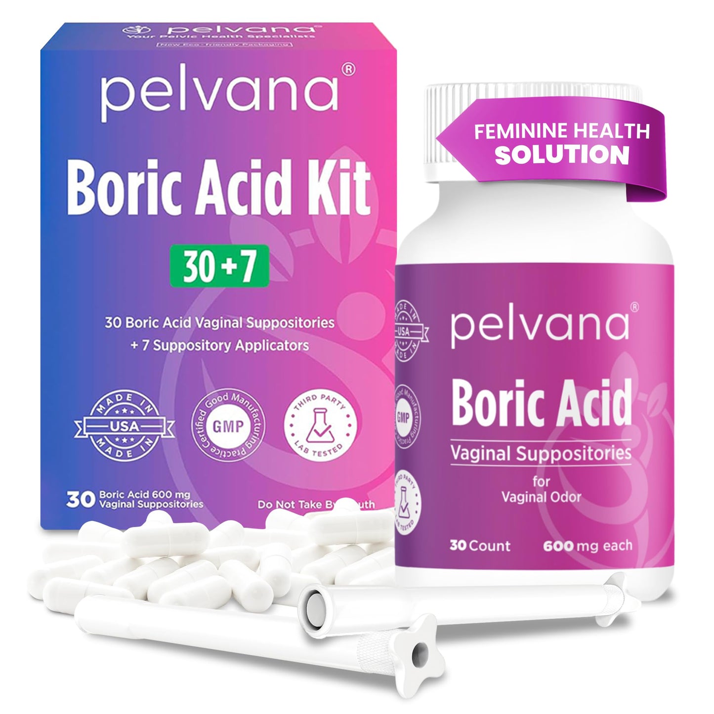 Pelvana Boric Acid Suppositories for Women - 30 Count + 7 Applicators - 600mg Boric Acid Capsules for Vaginal Odor Use - Maple Wellness Supplements