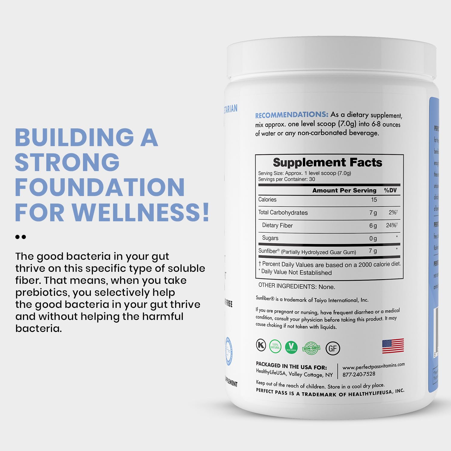 PERFECT PASS Prebiotic PHGG Partially Hydrolyzed Guar Gum 210g Powder - 100% Natural Gluten Free Non GMO - Certified Kosher Vegetarian Sugar Free - Maple Wellness Supplements