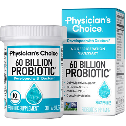 Physician's CHOICE Probiotics 60 Billion CFU - 10 Strains + Organic Prebiotics - Immune, Digestive & Gut Health - Supports Occasional Constipation, Diarrhea, Gas & Bloating - for Women & Men - 30ct - Maple Wellness Supplements