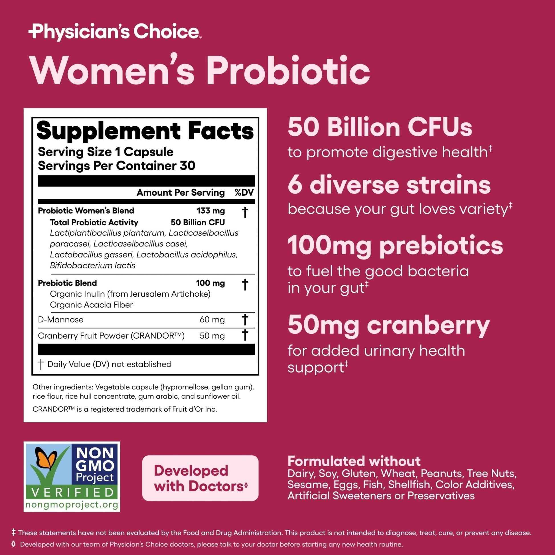 Physician's CHOICE Probiotics for Women - PH Balance, Digestive, UT, & Feminine Health - 50 Billion CFU - 6 Unique Strains for Her - Organic Prebiotics, Cranberry Extract+ - Women Probiotic - 30 CT - Maple Wellness Supplements