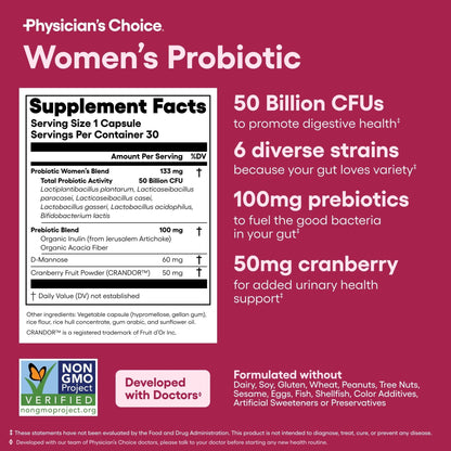 Physician's CHOICE Probiotics for Women - PH Balance, Digestive, UT, & Feminine Health - 50 Billion CFU - 6 Unique Strains for Her - Organic Prebiotics, Cranberry Extract+ - Women Probiotic - 30 CT - Maple Wellness Supplements