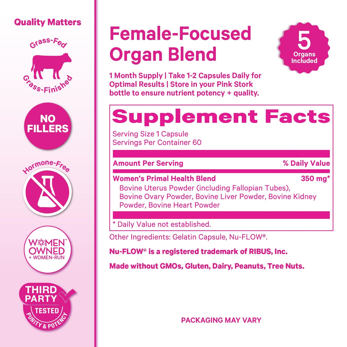 Pink Stork Beef Organ Supplement for Women | Grass-Fed Beef Liver Capsules with Iron, B12, CoQ10, Vitamin A | Primal Multivitamin for Female Hormone + Energy Support | 60 Capsules - Maple Wellness Supplements