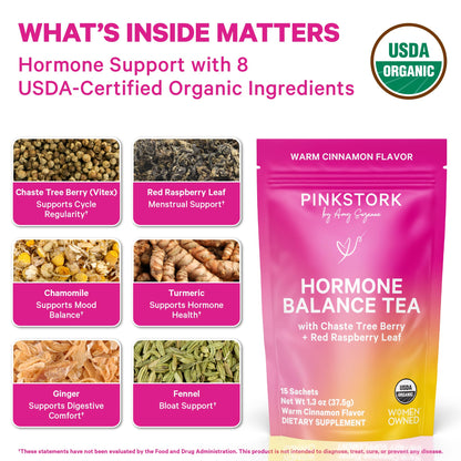 Pink Stork Hormone Balance Tea for Women – Red Raspberry Leaf & Chasteberry (Vitex) – Organic Herbal Tea for PMS, Menstrual Cycle & Perimenopause Support – Caffeine-Free Cinnamon Blend – 30 Cups - Maple Wellness Supplements