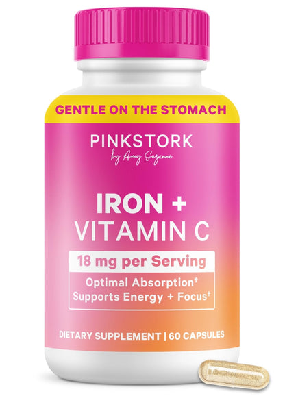 Pink Stork Iron for Women – 18 mg Non-Constipating Iron Bisglycinate + Vitamin C for Optimal Absorption – Energy, Focus, & Oxygen Supply – PMS, Pregnancy, Postpartum & Perimenopause - 60 Capsules - Maple Wellness Supplements