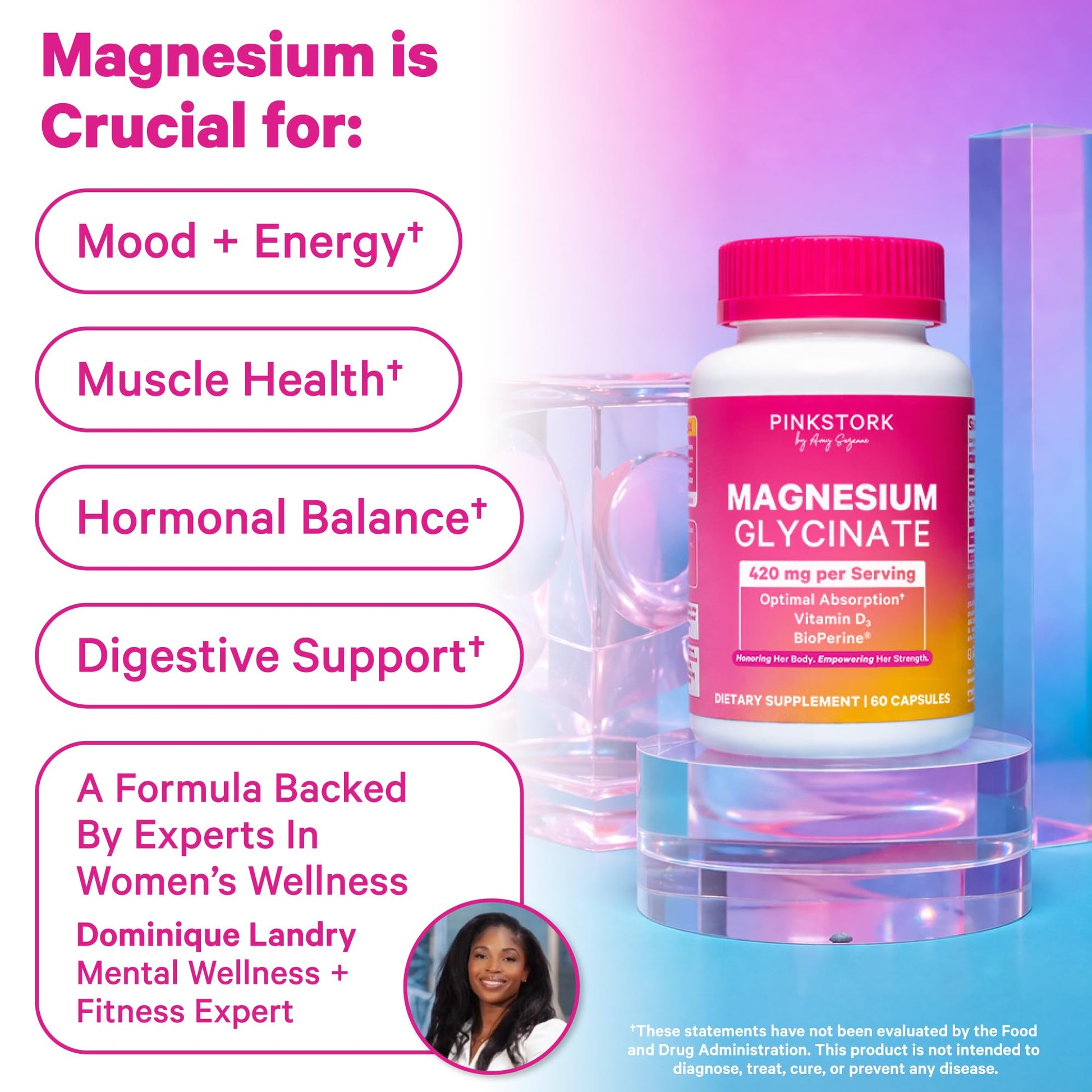 Pink Stork Magnesium Glycinate with Vitamin D - Magnesium Supplement for Women to Support Natural Calm, Mood, and Sleep - Hormone Balance for Women - Maple Wellness Supplements