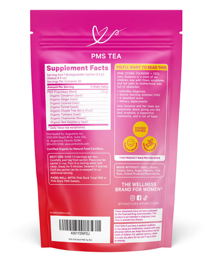 Pink Stork Organic PMS Tea for Hormone Balance, Mood Swings, Bloating, and Period Regularity - 8 Herbs - Vitex, Red Raspberry Leaf, Chamomile - Caffeine-Free - 15 Sachets, Hot or Iced - Maple Wellness Supplements
