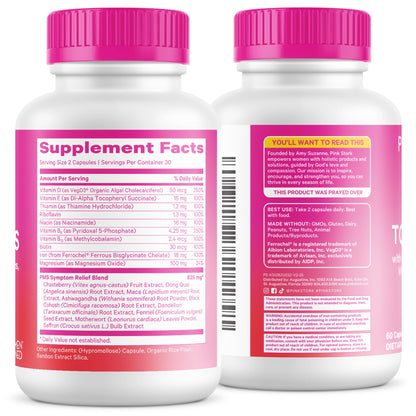 Pink Stork PMS Supplement for Women - Vitex, Ashwagandha, Maca Root & 10 Vitamins & Minerals to Support Hormone Balance, Mood, Bloating, Period Regularity - 60 Capsules - Maple Wellness Supplements