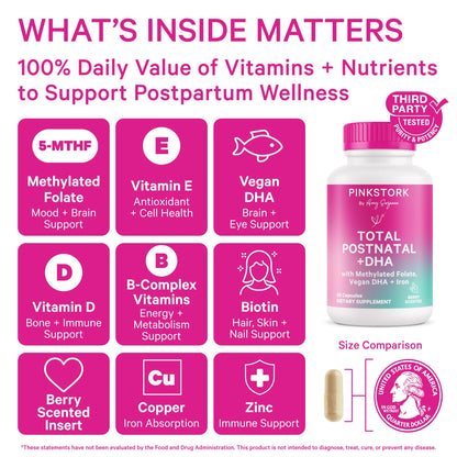Pink Stork Postnatal Multivitamin + Probiotics with Vegan DHA, Ashwagandha, Iron, Folate, B12 - Supports Hormone Balance, Postpartum Recovery, Gut Health, & Digestion - Pack of 2 - Maple Wellness Supplements