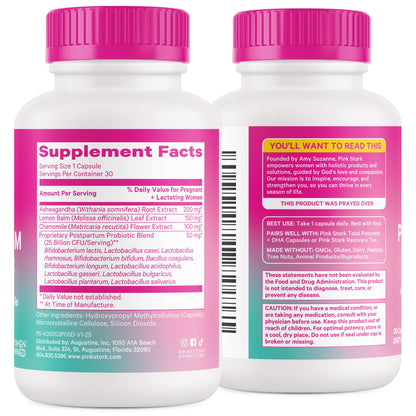 Pink Stork Probiotics for Postnatal Women - 30 Billion CFUS with Ashwagandha and Chamomile, Postpartum Essentials for Hormone Balance, Mood Support, Gut Health, Digestive Wellness, 30 Capsules - Maple Wellness Supplements