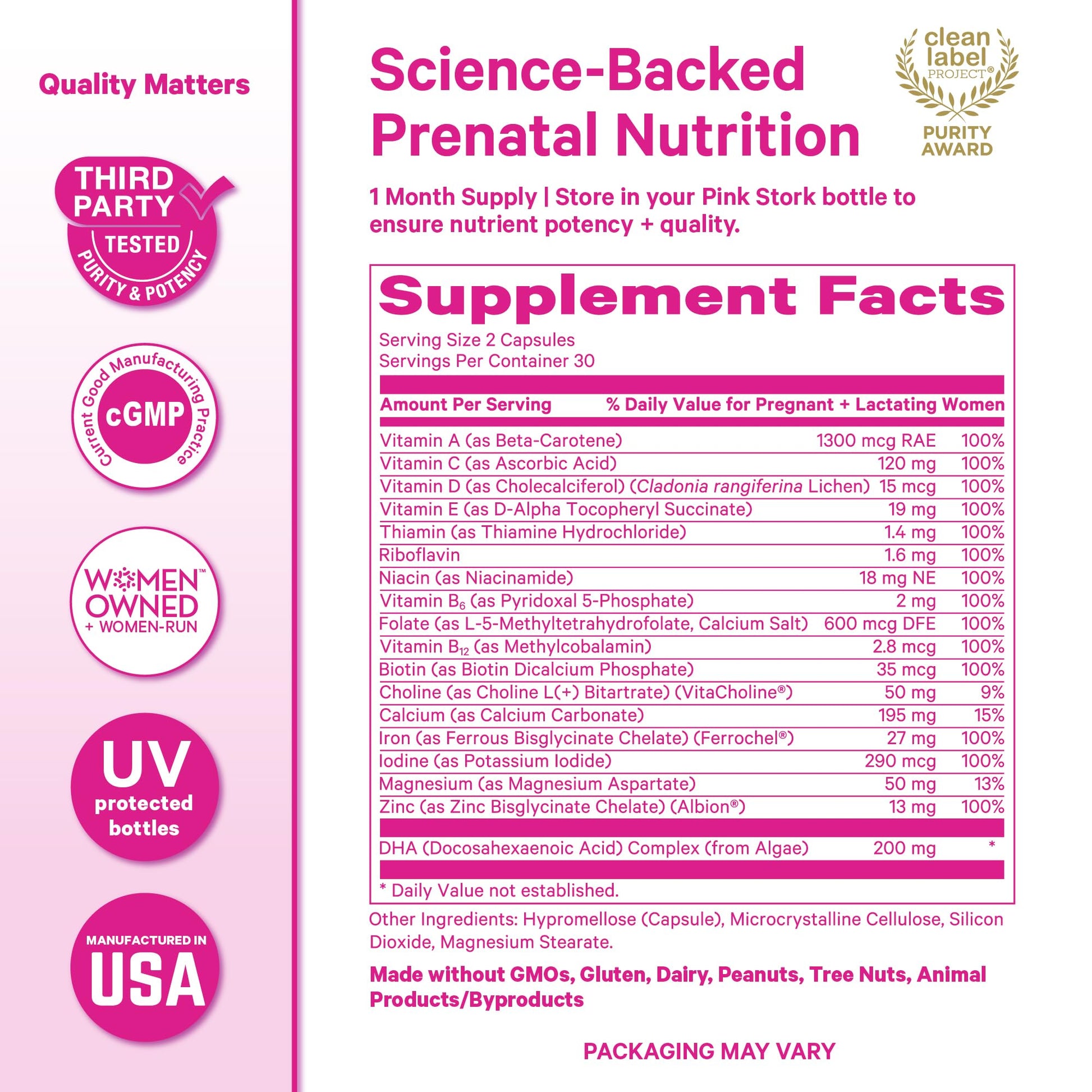 Pink Stork Total Prenatal Vitamins with DHA, Folate, Iron, Choline, and Vitamin B12 - Prenatals for Women to Support Fetal Development, Pregnancy Essentials - Maple Wellness Supplements