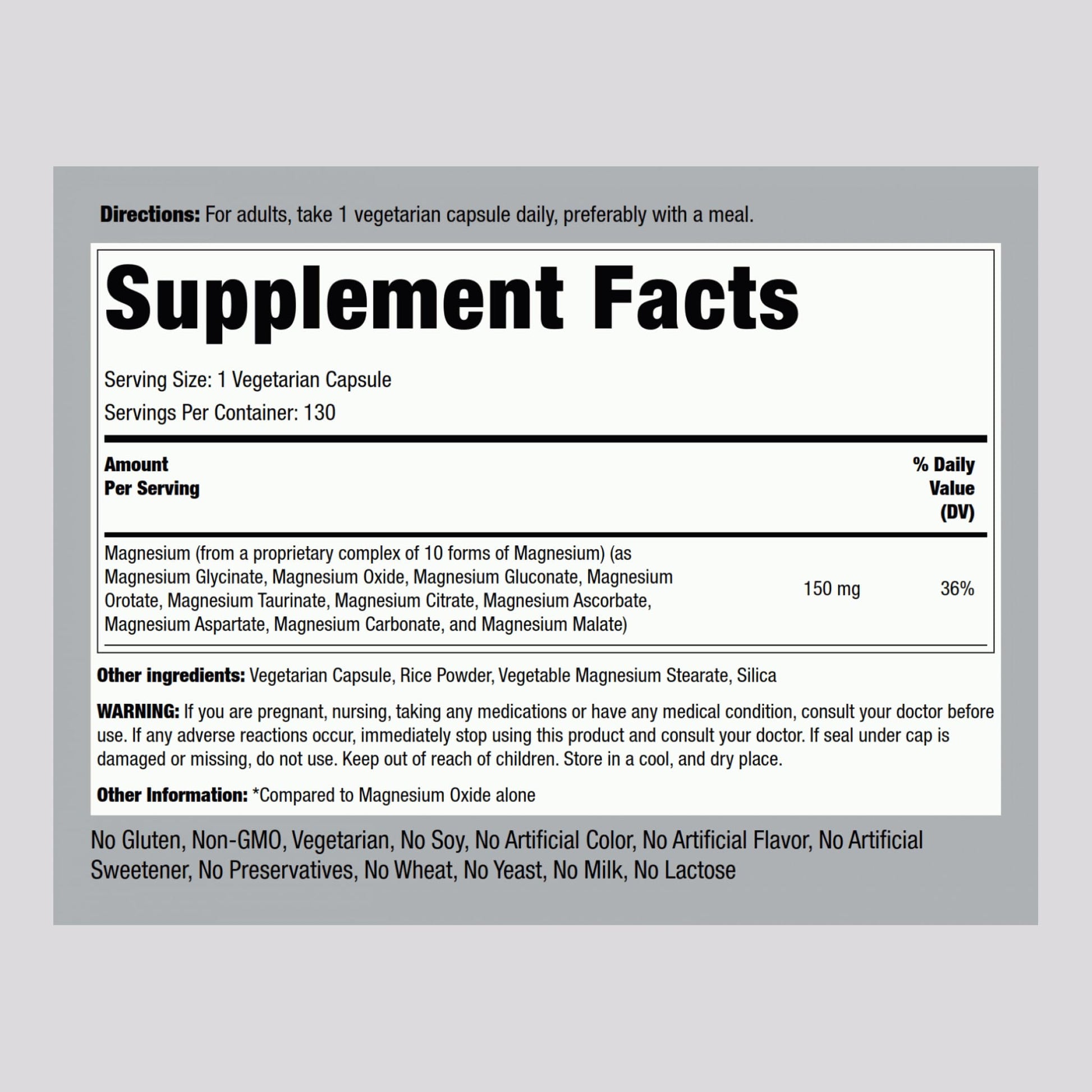 Piping Rock Magnesium 10 in One Complex | 130 Capsules | Supplement for Men and Women | Vegetarian, Non-GMO, Gluten Free - Maple Wellness Supplements
