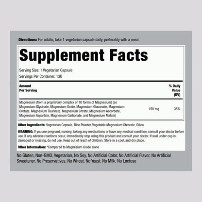 Piping Rock Magnesium 10 in One Complex | 130 Capsules | Supplement for Men and Women | Vegetarian, Non-GMO, Gluten Free - Maple Wellness Supplements