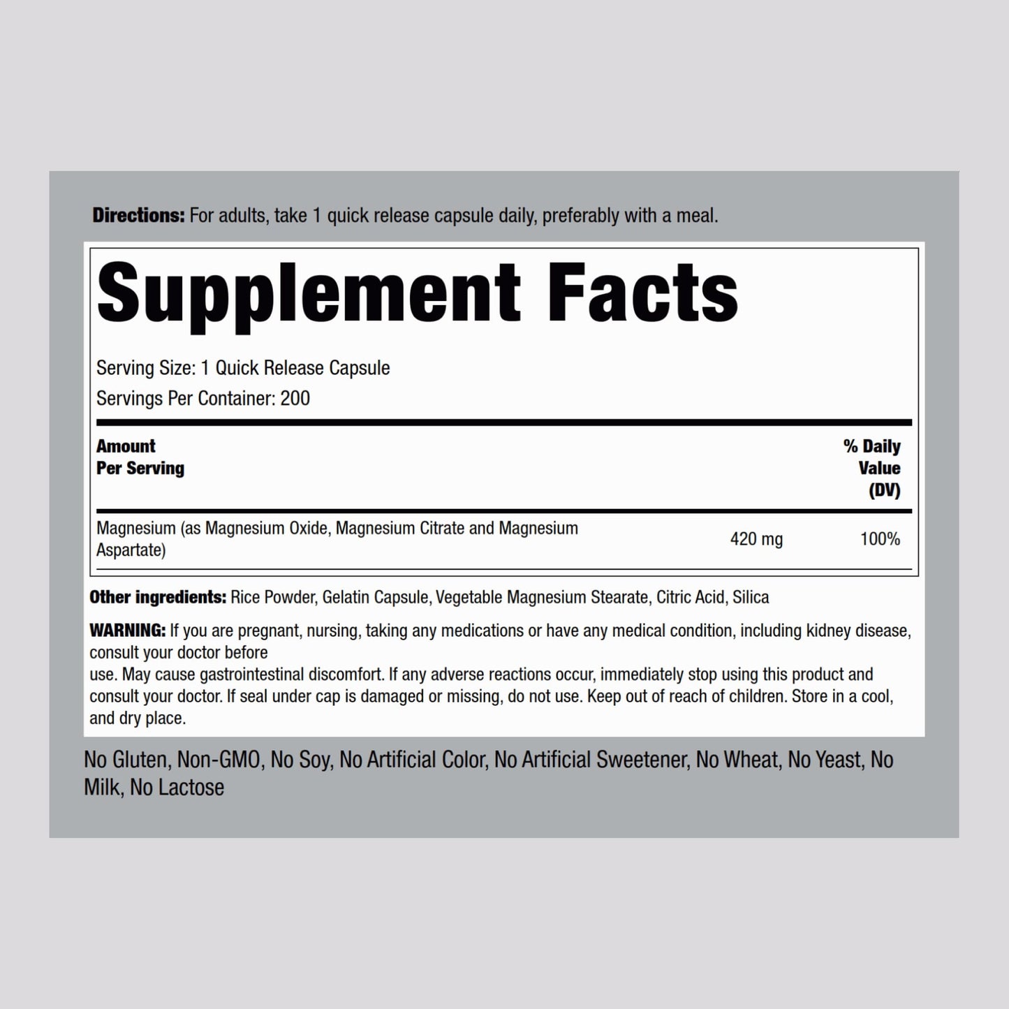 Piping Rock Triple Magnesium Complex | 420 mg | 200 Capsules | Magnesium Oxide, Citrate, and Aspartate Supplement | Non-GMO, Gluten Free - Maple Wellness Supplements