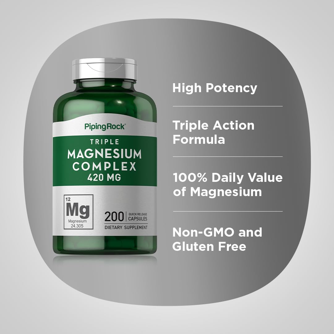 Piping Rock Triple Magnesium Complex | 420 mg | 200 Capsules | Magnesium Oxide, Citrate, and Aspartate Supplement | Non-GMO, Gluten Free - Maple Wellness Supplements