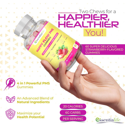 PMS Gummies - Happy Flow PMS Support Supplement for Women - Strawberry PMS Relief Supplement with Vitamin B6 for Hormone Balance, Period Support, Cramps, Hormonal Acne & Bloating Relief (60 Count) - Maple Wellness Supplements