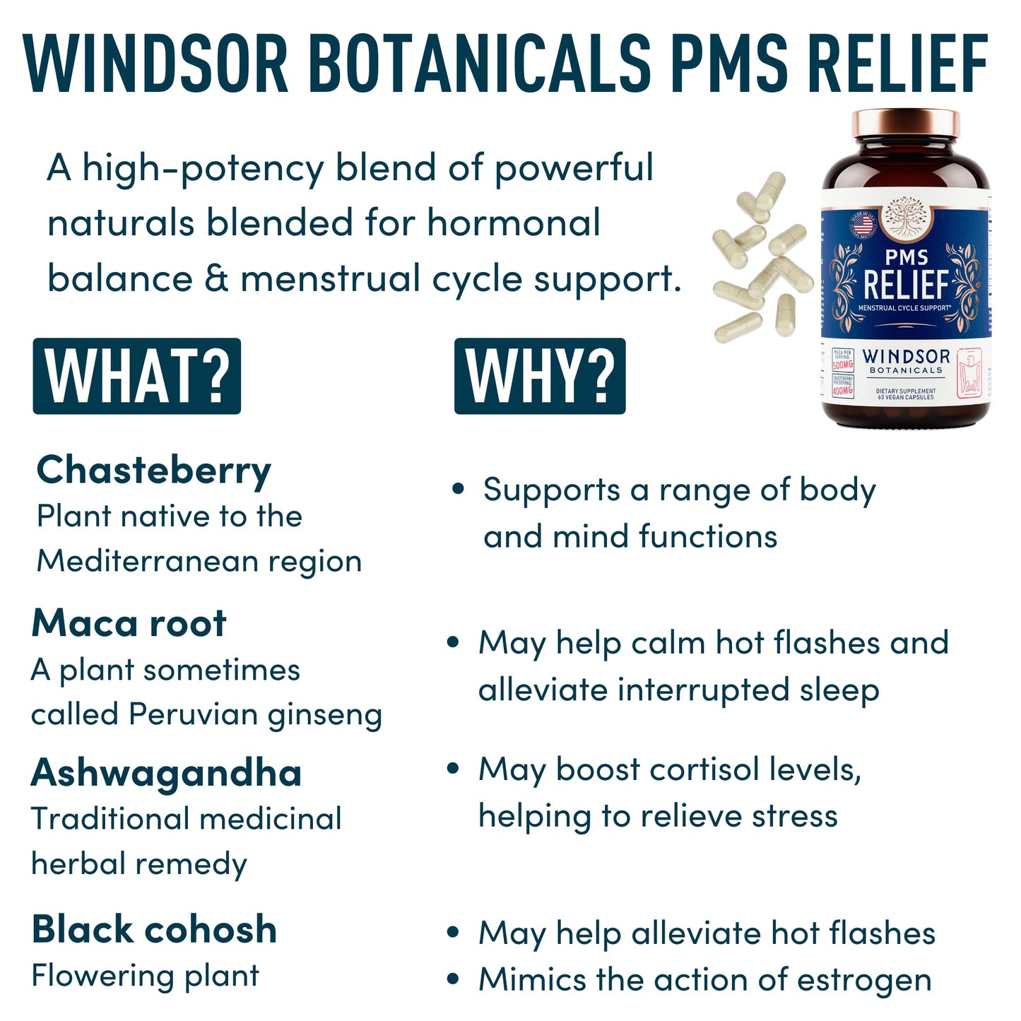 PMS Support Supplement for Women with Chasteberry, Maca Root, Ashwagandha - Period Relief, Bloating Relief for Women, Mood Support, Hormone Balance Herbal Supplements - 30 Day, 60 Vegan Capsules - Maple Wellness Supplements