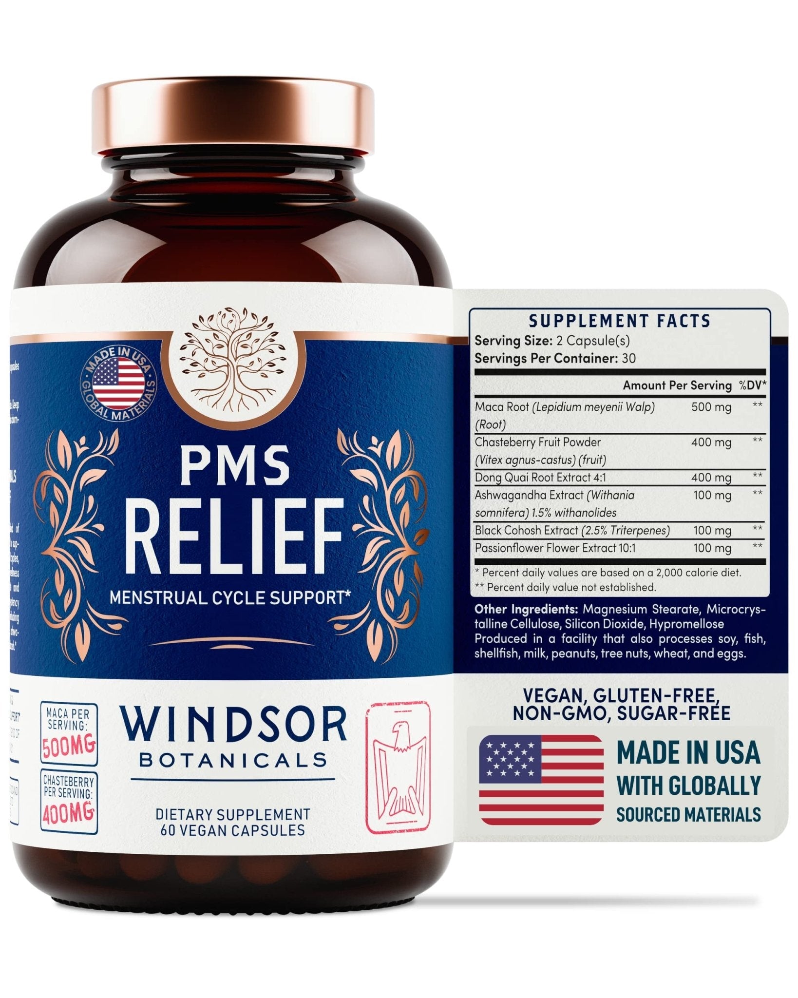 PMS Support Supplement for Women with Chasteberry, Maca Root, Ashwagandha - Period Relief, Bloating Relief for Women, Mood Support, Hormone Balance Herbal Supplements - 30 Day, 60 Vegan Capsules - Maple Wellness Supplements
