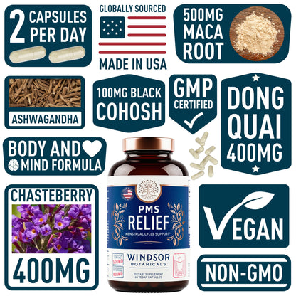 PMS Support Supplement for Women with Chasteberry, Maca Root, Ashwagandha - Period Relief, Bloating Relief for Women, Mood Support, Hormone Balance Herbal Supplements - 30 Day, 60 Vegan Capsules - Maple Wellness Supplements