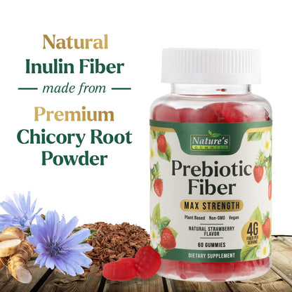 Prebiotic Fiber Gummies - 4g Dietary Fiber Per Serving - Extra Strength Daily Supplement for Adults - Tasty Strawberry Flavor - Plant Based Digestive - Maple Wellness Supplements