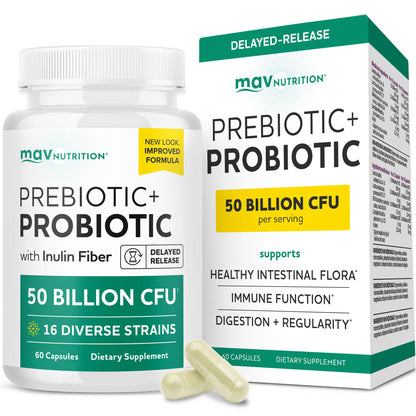 Prebiotics and Probiotics | 50 Billion CFU, 16 Probiotic Strains & Inulin Prebiotic Fiber | Delayed Release Capsules | Gut Health Support | Prebiotics and Probiotics for Women & Men | Non-GMO | 60 Ct - Maple Wellness Supplements
