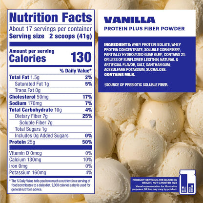 Premier Protein Powder Plus Fiber, Vanilla, 25g Protein, 7g Fiber to Support Gut Health, No Added Sugar (17 Servings) - Maple Wellness Supplements