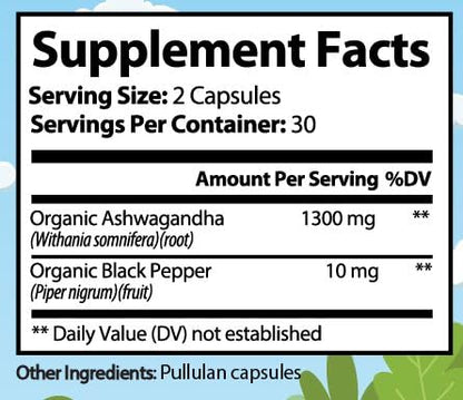 Premium Organic Ashwagandha with Black Pepper - 1300mg per Serving, 60 Capsules - Made in USA, FDA Registered Facility - Enhanced Absorption with Piperine for Optimal Performance - Maple Wellness Supplements