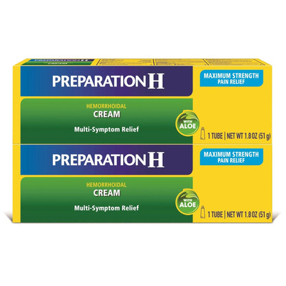 Preparation H Hemorrhoid Symptom Treatment Cream (2 x 1.8 Ounce Tube), Maximum Strength Multi-Symptom Pain Relief with Aloe - Maple Wellness Supplements
