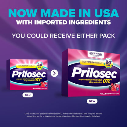 Prilosec OTC, Omeprazole Delayed Release 20mg, Acid Reducer, Treats Frequent Heartburn for 24 Hour Relief, All Day, All Night*, Heartburn Medicine, 20mg, Wildberry Flavor, 14 Tablets - Maple Wellness Supplements