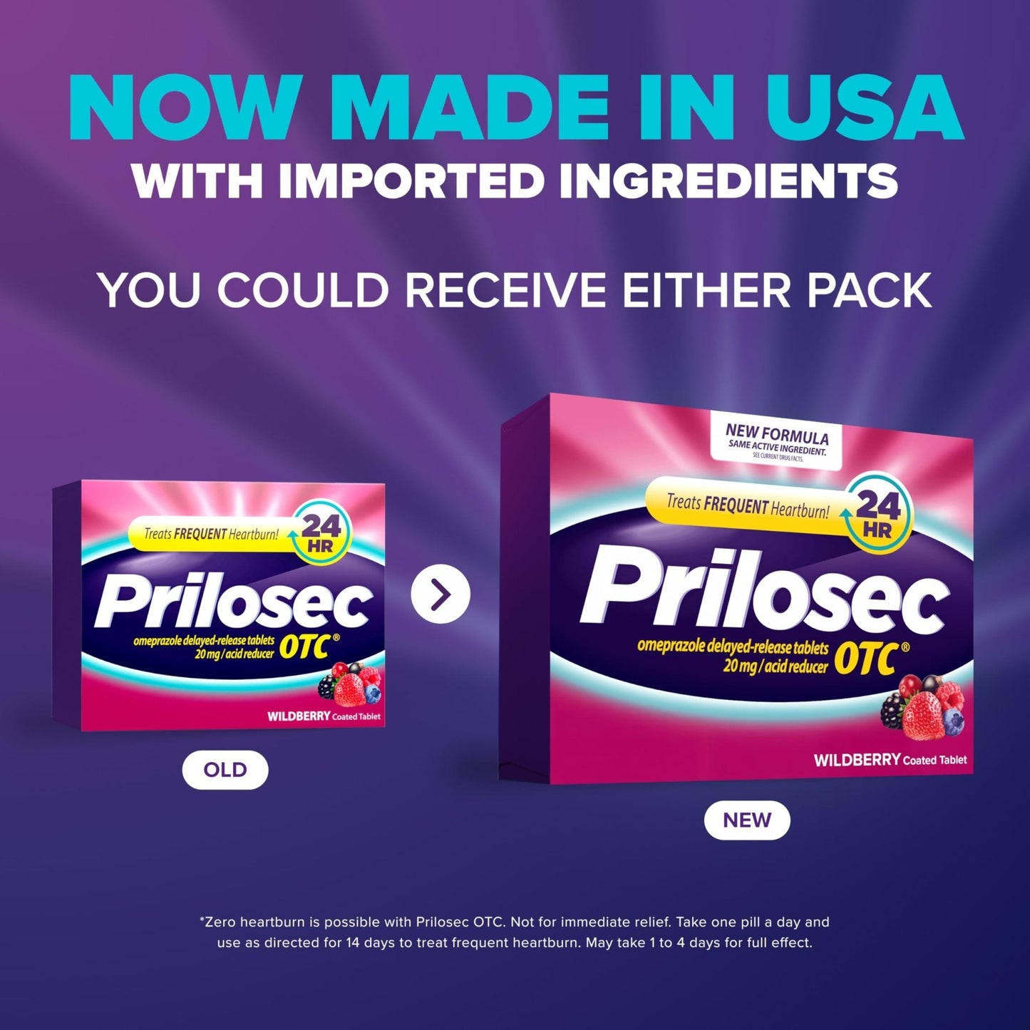 Prilosec OTC, Omeprazole Delayed Release 20mg, Acid Reducer, Treats Frequent Heartburn for 24 Hour Relief, All Day, All Night*, Heartburn Medicine, 20mg, Wildberry Flavor, 42 Tablets - Maple Wellness Supplements