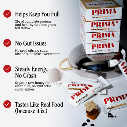 PRIMA Cookie Dough Protein Bar | 21g Grass Fed Whey and Collagen | No Seed Oils, No Preservatives, Raw Honey Sweetened | 7 Pack - Maple Wellness Supplements