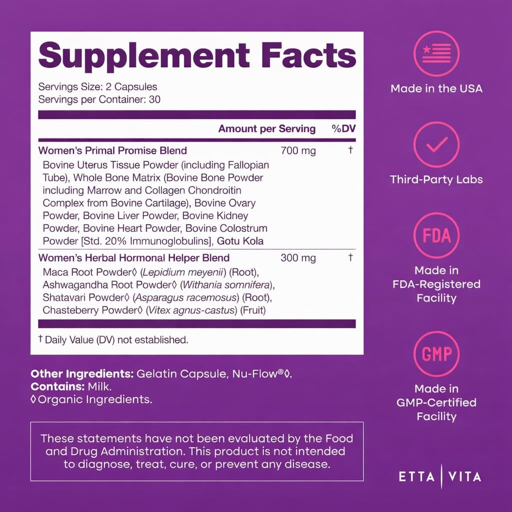 Primal Beef Organ Supplement for Women (Made in USA) Boosted w Shatavari, Maca, Ashwagandha, and Chasteberry - Grass Fed Uterus, Ovary, Liver, Kidney, Heart Bone Matrix - Maple Wellness Supplements