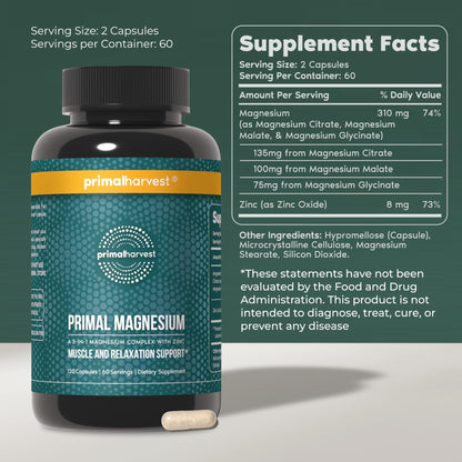 Primal Harvest Magnesium Supplement Complex 310mg by Primal Harvest with Magnesium Glycinate, Citrate, Malate, and Zinc 2 Pack, 240 Capsules - Maple Wellness Supplements