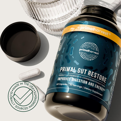 Primal Harvest Restore for Gut Health, Primal Gut Restore w/POSTbiotics, PREbiotics and PRObiotics for Women and Men, 60 CT - Digestion, Colon Cleanse, - Maple Wellness Supplements