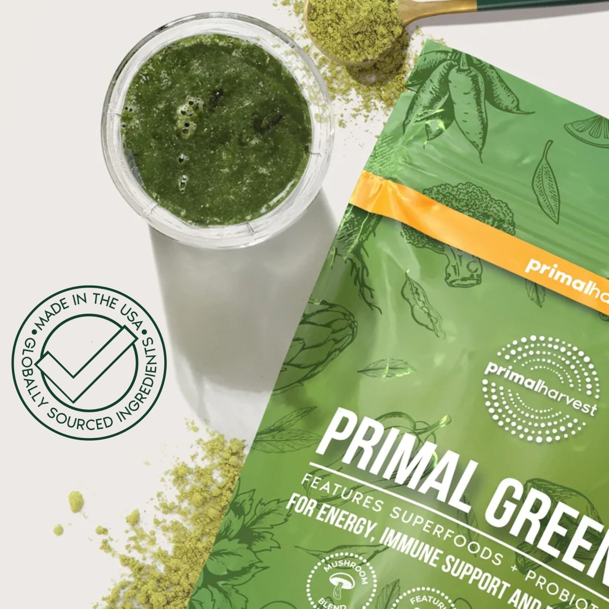Primal Harvest Super Greens Powder, 30 Servings w/+50 Greens Superfood Chlorella, Probiotics, Green Tea, Wheatgrass, - Maple Wellness Supplements