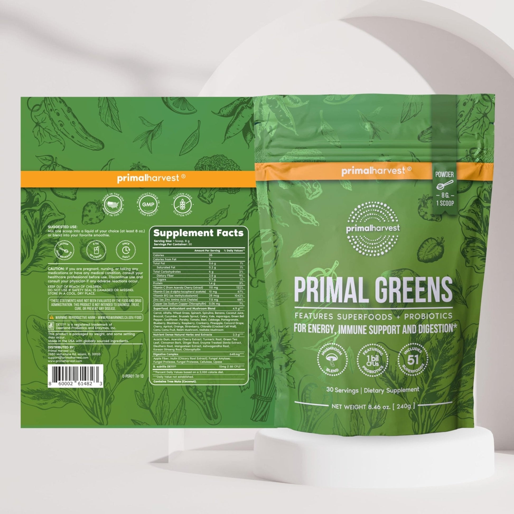 Primal Harvest Super Greens Powder, 30 Servings w/+50 Greens Superfood Chlorella, Probiotics, Green Tea, Wheatgrass, - Maple Wellness Supplements