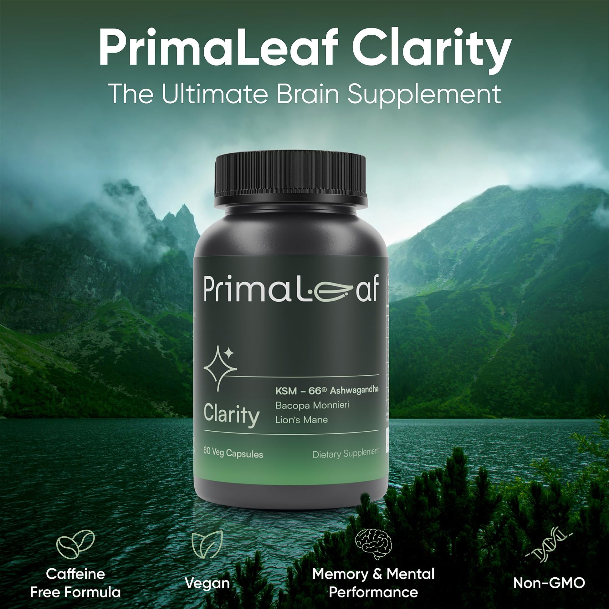 PrimaLeaf Clarity Nootropics Brain Supplement for Focus, Memory, & Stress Relief | Natural Nootropic with KSM66 Ashwagandha, Lions Mane, Bacopa, L Theanine | Cognitive & Mood Support | 60 Veg Capsules - Maple Wellness Supplements
