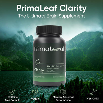PrimaLeaf Clarity Nootropics Brain Supplement for Focus, Memory, & Stress Relief | Natural Nootropic with KSM66 Ashwagandha, Lions Mane, Bacopa, L Theanine | Cognitive & Mood Support | 60 Veg Capsules - Maple Wellness Supplements