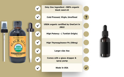 Prime Natural Organic Black Seed Oil 4oz - Cold Pressed Unrefined High Thymoquinone 1.7% USDA Certified - Turkish Origin Potent Nigella Sativa Liquid - Maple Wellness Supplements