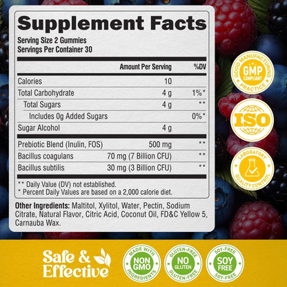 Probiotic Gummies 10B CFU with Prebiotic Fiber - Digestion & Immune Support - Debloat, Stomach & Gut Comfort - Probiotics for Women & Men - Natural Berry Flavor - Vegan & Sugar-free - 60 Gummies - Maple Wellness Supplements