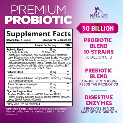 Probiotics 50 Billion CFU per Serving - 10 Strains + Prebiotics - Digestive Health, Gut & Immune Support - Supports Occasional Constipation, Gas & Bloating for Women & Men Shelf Stable - 60 Capsules - Maple Wellness Supplements