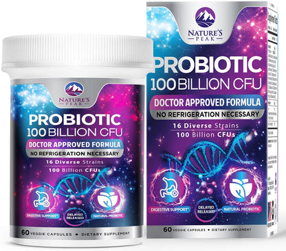 Probiotics for Digestive Gut Health - 100 Billion CFU Per Capsule, 16 Premium Strains & Prebiotics - Best Probiotics for Women & Men, Occasional Constipation - Maple Wellness Supplements