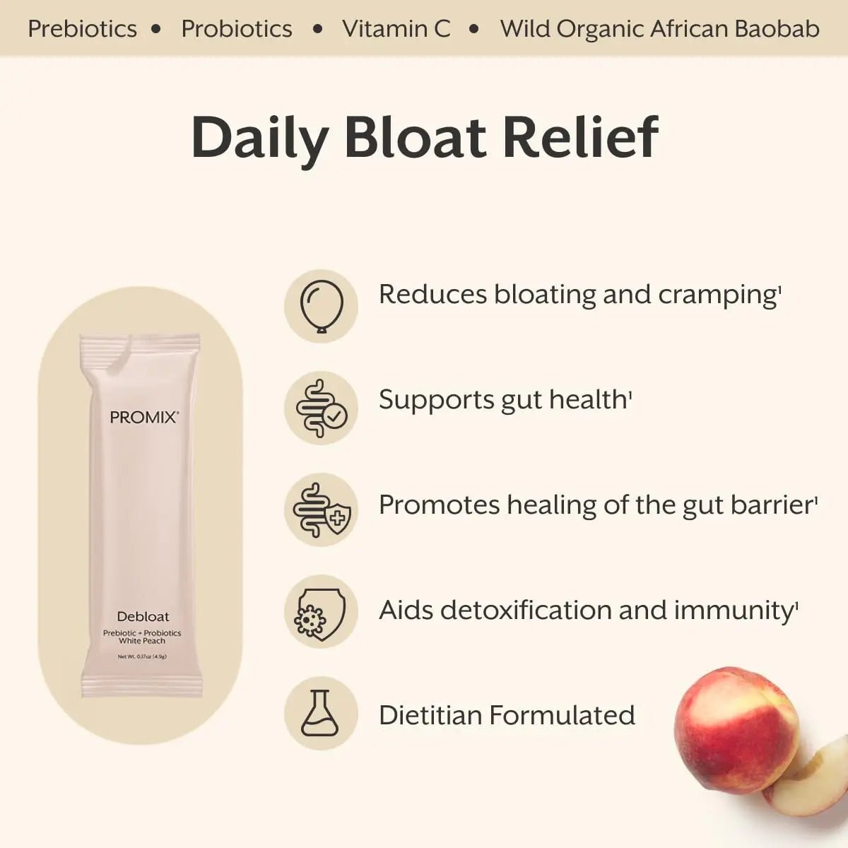 ProMix Nutrition Debloat Prebiotics and Probiotics, Bloating Relief for Women, Gut Cleanse Detox for Men and Immune Support - White Peach - 30 Servings (Pack of 30) - Maple Wellness Supplements