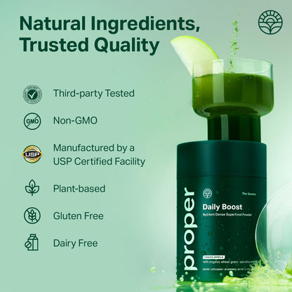 Proper, The Greens Daily Boost Organic Greens Powder. Whole Food, Apple Flavour Veggie Powder Superfood with Wheatgrass, Spirulina, Chlorella, Probiotics. - Maple Wellness Supplements