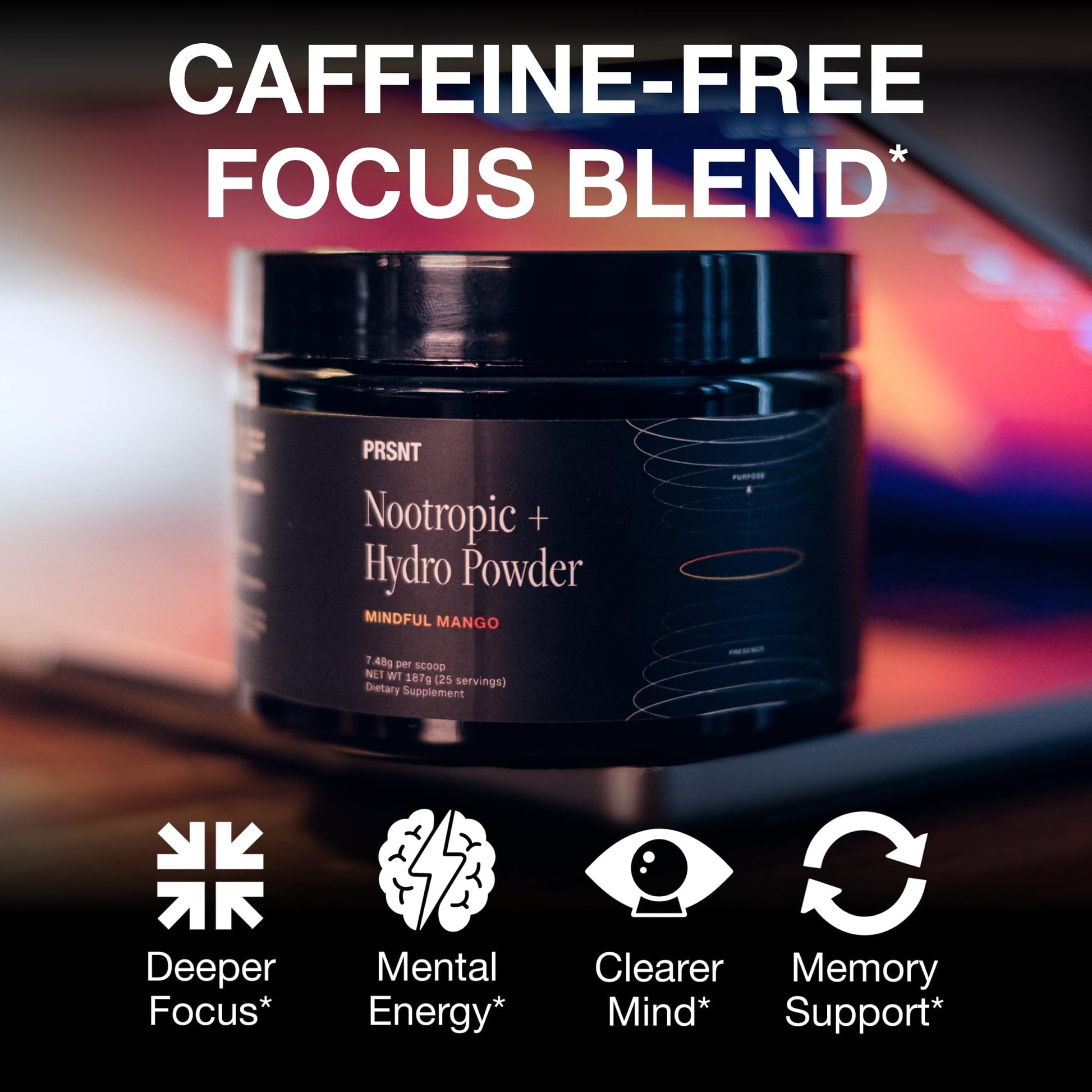 PRSNT Nootropic Focus Powder | Mango 25 Servings | Caffeine-Free, Sugar-Free | Supports Focus, Energy, Mental Clarity | Nootropic + Electrolytes Hydration Focus Drink Mix - Maple Wellness Supplements