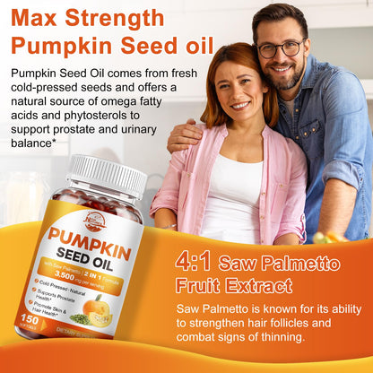 Pumpkin Seed Oil with Saw Palmetto, 3500mg Max Strength per Serving, 150 Softgels, Cold-Pressed with Essential Fatty Acids & Phytosterols, Supports Immune - Maple Wellness Supplements