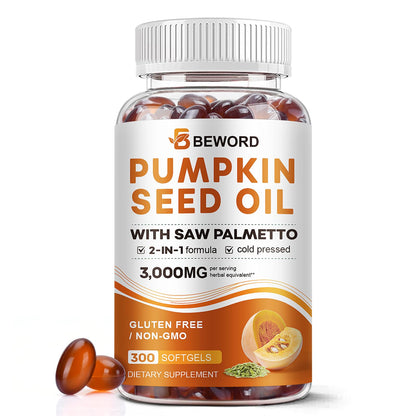 Pumpkin Seed Oil with Saw Palmetto Capsules, 3000mg/serving, 300/600 Softgels | Cold Pressed, Pure Virgin Oil, Essential Fatty Acids & Phytosterols | Supports Hair, Urinary - Maple Wellness Supplements